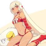  altera_(fate) altera_the_santa bangs bare_shoulders beltbra blunt_bangs boots bra breasts bright_pupils chan_co choker closed_mouth commentary_request detached_sleeves dutch_angle earmuffs eyebrows_visible_through_hair fate/grand_order fate_(series) looking_at_viewer mittens navel panties red_bra red_eyes red_footwear red_panties ringed_eyes sheep short_hair silver_hair sitting small_breasts solo underwear veil 