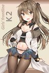  :d belt black_gloves black_legwear breasts brown_eyes brown_hair camisole character_name cleavage commentary_request cowboy_shot fingerless_gloves girls_frontline gloves groin hair_ornament hairclip jacket k-2_(girls_frontline) long_hair looking_at_viewer lowleg_pantyhose medium_breasts navel one_side_up open_mouth pantyhose sabet_(young_ouo) showgirl_skirt sidelocks skirt slingshot_swimsuit smile solo swimsuit teeth thigh_gap white_jacket 