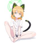  1girl :&lt; absurdres animal_ear_headphones animal_ears ass2 barefoot blonde_hair blue_archive bow cat_ear_headphones closed_mouth fake_animal_ears fake_tail feet full_body green_eyes green_halo hair_between_eyes hair_bow halo hands_on_feet headphones highres looking_at_viewer midori_(blue_archive) shirt short_sleeves simple_background sitting solo tail toes white_background white_shirt wide_sleeves 