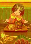  1girl blush_stickers brown_hair burger cutting_board double_v food french_fries frilled_shirt_collar frills head_tilt highres kagenoyuhi long_sleeves looking_at_viewer neck_ribbon open_mouth original parted_bangs red_ribbon ribbon smile solo table v 