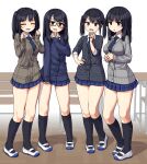  4girls arms_under_breasts black_hair black_socks blush breasts classroom closed_eyes glasses hand_on_own_hip highres interlocked_fingers kneehighs large_breasts long_hair looking_at_viewer maruput medium_breasts multiple_girls necktie open_mouth original school_uniform shoes sleeves_past_wrists socks thighs twintails uwabaki 