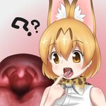  1girl blonde_hair bowtie giantess kemono_friends open_mouth serval_(kemono_friends) tongue tongue_out uvula vore vostok_(vostok061) 