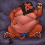  anthro belly belly_overhang belly_rolls big_belly black_mane claws clothing disney dragontzin fat_cheeks felid from_front_position fur hand_on_belly hi_res high-angle_view hindpaw lion looking_at_object lying male mammal mane moobs navel obese obese_anthro obese_male on_back on_side open_mouth orange_body orange_fur overweight overweight_anthro overweight_male pantherine pastries paws scar_(the_lion_king) signature solo tail tail_tuft teeth the_lion_king toe_claws tuft underwear yellow_eyes 