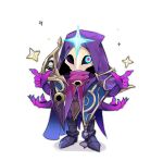  1boy black_footwear blue_eyes chibi colored_skin dark_cosmic_jhin english_commentary extra_arms full_body gl0wdin0_prem highres hood hoodie jhin league_of_legends male_focus mask multiple_hands official_alternate_hairstyle official_art purple_hoodie purple_skin red_pupils shadow simple_background solo standing white_background 