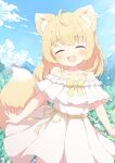  1girl animal_ears blonde_hair blue_sky bow closed_eyes dress fang fox_ears fox_tail highres open_mouth original outdoors ribbon skin_fang sky smile tail tyomimas variant_set white_dress yellow_bow yellow_ribbon 