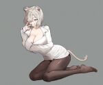  1girl alternate_costume animal_ear_piercing animal_ears arm_under_breasts asymmetrical_bangs black_pantyhose blue_nails breasts cleavage dress_shirt full_body grey_background grey_eyes grey_hair grin hair_over_one_eye highres hololive kneeling large_breasts lion_ears lion_tail long_bangs long_sleeves looking_at_viewer nail_polish no_pants no_shoes official_alternate_hair_length official_alternate_hairstyle oversized_clothes oversized_shirt pantyhose partially_unbuttoned shirt shishiro_botan simple_background smile solo tail v virtual_youtuber white_shirt zexalmike 