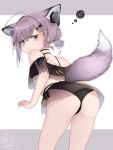  1girl ahoge animal_ear_fluff animal_ears arknights ass bare_shoulders behind-the-head_headphones bent_over bikini black_bikini black_ribbon blue_eyes expressionless extra_ears fox_ears fox_girl fox_tail from_behind grey_hair hair_ornament hairclip headphones headphones_for_animal_ears highres kakakaeru looking_back off-shoulder_bikini off_shoulder official_alternate_costume ribbon scribble see-through short_hair short_twintails simple_background solo sussurro_(arknights) sussurro_(summer_flower)_(arknights) swimsuit tail tail_raised trefoil twintails 