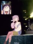  2girls bang_dream! bang_dream!_it&#039;s_mygo!!!!! bereal blush brown_skirt closed_eyes commentary drum drum_set earrings fan_screaming_at_madison_beer_(meme) grey_hair hashtag-only_commentary highres holding holding_microphone instrument jewelry meme microphone mostlanr multiple_girls music parted_lips shiina_taki shirt short_hair shouting singing sitting skirt sleeveless sleeveless_shirt stage takamatsu_tomori white_shirt 