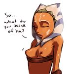  ahsoka_tano alien areola breasts clone_wars clothed clothing dialogue english_text exposed_breasts eyes_closed female half-length_portrait humanoid mammal nipples not_furry open_mouth orange_skin partially_clothed portrait red_nipples simple_background solo star_wars text togruta tourbillon white_background 