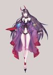  absurdres bare_shoulders black_hair breasts cleavage cup eyebrows_visible_through_hair fate_(series) fingerless_gloves full_body gloves highres holding horns japanese_clothes long_hair medium_breasts navel oni oni_horns sakazuki shuten_douji_(fate/grand_order) solo standing very_long_hair xiahou_xiansheng 