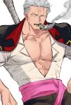  1boy alternate_costume bara cigar cowboy_shot facial_hair goatee highres large_pectorals male_focus mature_male muscular muscular_male nine_hundred one_piece pectoral_cleavage pectorals scar scar_on_face short_hair sideways_glance smoker_(one_piece) smoking solo stitches stubble tsurime v-taper weapon_behind_back white_background white_hair 