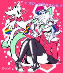  ^_^ anthro bisexual_pride_colors blush bottomwear chest_tuft clothing domestic_cat exyli eyelashes eyelashes_through_hair eyes_closed eyewear fangs felid feline felis femboy flag flag_in_mouth footwear glasses glistening glistening_clothing glistening_legwear glistening_thigh_highs green_ears group hair happy hi_res hoodie legwear lgbt_pride lgbt_pride_month long_hair male mammal markings matt_(exyli) pink_background pride_colors rainbow_flag rainbow_pride_flag rainbow_symbol round_glasses scarf shoes simple_background sitting skirt smile sneakers tail tail_markings teeth thigh_highs topwear torn_thigh_highs translucent translucent_hair trio tuft waving_flag white_hair 
