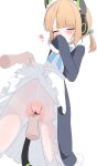  1girl absurdres animal_ears apron bar_censor blonde_hair blue_archive blue_bow blush bow cat_ears cat_tail censored closed_eyes clothes_lift covering_face crying dress fake_animal_ears fake_tail fingering frilled_dress frills hair_bow headphones heart highres long_sleeves maid maid_headdress masturbation medium_hair midori_(blue_archive) midori_(maid)_(blue_archive) official_alternate_costume pantyhose pulling_another&#039;s_clothes pussy simple_background spiral_(udon) standing tail torn_clothes torn_pantyhose white_apron white_background white_pantyhose 