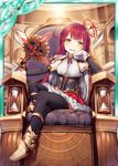  akkijin bored breasts card_(medium) clock clockwork looking_at_viewer official_art open_mouth orange_eyes red_hair shinkai_no_valkyrie sitting small_breasts solo staff thighhighs throne weapon 