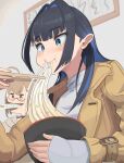  absurdres ahoge black_hair blue_eyes blue_hair blurry blurry_background bocchi_the_rock! bowl brown_coat brown_eyes brown_hair brown_hoodie chopsticks coat english_commentary food food_in_mouth glasses hair_intakes highres holding holding_bowl holding_chopsticks hood hoodie indoors long_hair long_sleeves multicolored_hair nanashi_mumei nanashi_mumei_(1st_costume) noodles nqnqnt open_mouth ouro_kronii ouro_kronii_(1st_costume) parody smile turtleneck udon virtual_youtuber white_hair 