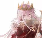  1boy cape hand_up highres holding holding_sword holding_weapon limefruityummy long_hair male_focus minecraft_youtube parted_lips pink_eyes pink_hair pointy_ears red_cape simple_background sword technoblade very_long_hair weapon white_background 