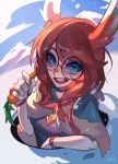  1girl animal_ears artist_name aurora_(league_of_legends) blue_eyes blue_sky carrot cloud earrings elbow_gloves english_commentary freckles glasses gloves hair_between_eyes highres holding holding_carrot hole jewelry league_of_legends long_hair looking_at_viewer looney_tunes mountain nebura_(neburaart) open_mouth orange_hair outdoors parody rabbit_ears rabbit_girl ring round_eyewear sidelocks sky smile snow solo teeth upper_body upper_teeth_only white_gloves 