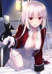 bed black_cat book bottomless cat fate/grand_order fate_(series) florence_nightingale_(fate/grand_order) gloves lantern motomiya_mitsuki on_bed pantyhose pink_hair red_eyes signature unbuttoned unbuttoned_shirt white_gloves white_legwear 