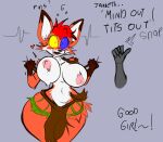 2024 ambiguous_gender anthro big_breasts blue_sclera blush bottomwear breasts brown_body brown_bottomwear brown_clothing brown_fur brown_loincloth canid canine clothing davidthewolfx10_(artist) dialogue dipstick_tail disembodied_hand duo english_text female fox fur good_girl grey_background hair heart_symbol heterochromia hypnosis janneth_(davidthewolfx10) loincloth mammal markings mind_control motion_lines multicolored_body multicolored_fur navel nipples open_mouth orange_body orange_fur pink_nipples red_hair simple_background small_waist snapping_fingers solo_focus tail tail_markings text thick_thighs trigger_word undressing white_body white_fur wide_hips yellow_sclera