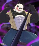 2024 abs absurd_res alley anthro barazoku barely_visible_nipples bear beastars biceps big_muscles black_sclera bottomwear building bulge clothed clothing denim denim_bottomwear denim_clothing dominant dominant_anthro dominant_male first_person_view fog fur giant_panda gouhin_(beastars) harness hi_res huge_muscles jeans leash leash_pull leashed_pov licking licking_lips licking_own_lips looking_at_viewer male mammal muscular muscular_anthro muscular_male night nipples open_clothing open_mouth open_shirt open_smile open_topwear outside padzyan pants pecs scar shirt smile solo standing teeth tongue topwear tuft watermark 