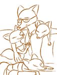  2016 anthro arctic_fox_masseuse_(zootopia) arm_around_shoulders canine clothed clothing disney eyes_closed eyewear female fox group male mammal monochrome necktie nick_wilde on_lap orange_and_white simple_background sitting smile sunglasses tggeko white_background zootopia 