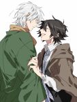  2boys arm_grab black_hair black_vest bungou_stray_dogs closed_eyes collared_shirt commentary_request edogawa_ranpo_(bungou_stray_dogs) fukuzawa_yukichi_(bungou_stray_dogs) green_kimono highres hood jacket japanese_clothes kimono ktkng_kn long_sleeves looking_at_another male_focus multiple_boys necktie open_mouth scarf shirt short_hair simple_background smile striped_necktie sweatdrop upper_body vest white_background white_hair white_shirt yellow_scarf 
