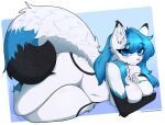  anthro arctic_fox blue_eyes blue_hair blush canid canine female fluffy fluffy_tail fox fur hair hi_res jewelry lying lying_on_breasts mammal multicolored_body multicolored_fur necklace on_side pinup pose shy smile solo tail true_fox white_body yumiiefox 