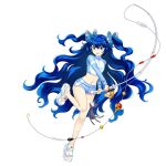  1girl alternate_costume alternate_hairstyle bandaid bandaid_on_leg blue_eyes blue_hair bow fishing_rod full_body game_cg hair_bow highres holding holding_fishing_rod long_hair looking_at_viewer navel official_art open_mouth rotte_(1109) sandals simple_background solo third-party_source touhou touhou_lostword very_long_hair wavy_hair white_background white_footwear yorigami_shion yorigami_shion_(gone_god_fishing) 