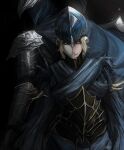  1boy 1girl armor artorias_the_abysswalker black_armor blonde_hair blood blood_on_face blue_armor blue_cape breastplate broken_mask cape commentary dark_souls_(series) dark_souls_i english_commentary evil_smile full_armor glowing glowing_eyes helm helmet highres knight light_smile lord's_blade_ciaran mask pauldrons satsu-strive short_hair shoulder_armor smile yellow_eyes 