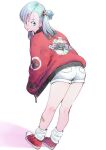  1girl ass blue_eyes blue_hair bulma dragon_ball from_behind full_body hands_in_pockets jacket long_hair looking_at_viewer looking_back one_side_up shoes short_shorts shorts sneakers solo takafumi_696 