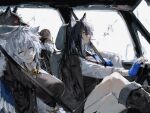  2girls animal_ears arknights arm_rest arms_behind_head arms_up black_hair bullet_hole car coat coat_on_shoulders crossed_legs driving emperor_(arknights) extra_ears fingerless_gloves gloves highres jewelry lappland_(arknights) lappland_(refined_horrormare)_(arknights) messy_hair motor_vehicle multiple_girls mutomorokoshi necklace necktie red_eyes seatbelt sideways_glance skull_necklace texas_(arknights) texas_the_omertosa_(arknights) white_hair wolf 