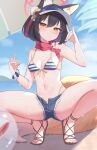  1girl animal_ear_fluff animal_ears beach bikini black_hair blue_archive blue_shorts blush breasts closed_mouth day double_fox_shadow_puppet fox_ears fox_shadow_puppet fox_tail full_body halo highres izuna_(blue_archive) izuna_(swimsuit)_(blue_archive) looking_at_viewer navel ocean official_alternate_costume outdoors parasol pink_halo red_scarf sandals scarf short_hair short_shorts shorts small_breasts solo striped_bikini striped_clothes swimsuit tail takeroku toes umbrella yellow_eyes 