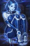  1girl blue_eyes blue_hair blue_lips blue_skin blurry blurry_background bodysuit breasts colored_skin cortana halo_(series) halo_infinite highres looking_at_viewer medium_breasts neoartcore short_hair solo 