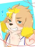  anthro blonde_hair blue_eyes blush brown_body brown_fur bust_portrait canid canine canis clothing domestic_dog fur grin hair heart_symbol hi_res hisaki_(live_a_hero) lifewonders live_a_hero looking_at_viewer male mammal nina27_sg portrait shirt smile smug solo tank_top topwear 