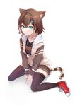  1girl :p animal_ears between_legs black_shirt black_thighhighs breasts brown_hair brown_skirt cat_ears cat_girl cat_tail full_body fumino_tamaki green_eyes hand_between_legs highres hood hood_down hoodie large_breasts light_brown_hair long_sleeves looking_at_viewer medium_hair miniskirt multicolored_hair nijisanji partially_unzipped pleated_skirt red_footwear shirt sign sign_around_neck simple_background sitting skirt tail tanaro thighhighs tongue tongue_out two-tone_hair virtual_youtuber wariza white_background 