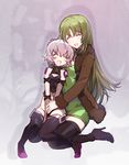  ^_^ arm_belt bandaged_arm bandages black_panties blush boots breasts cleavage closed_eyes commentary dual_wielding eyebrows_visible_through_hair facial_scar fate/apocrypha fate/grand_order fate_(series) gloves green_hair high_heel_boots high_heels holding hug hug_from_behind jack_the_ripper_(fate/apocrypha) long_hair lowleg lowleg_panties medium_breasts motherly multiple_girls open_mouth panties rikudou_reika scar scar_across_eye scar_on_cheek short_hair shoulder_tattoo silver_hair single_glove small_breasts smile tattoo thigh_boots thighhighs underwear white_hair yurizuka_(sergeant_heart) 