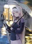  3_small_spiders absurdres an-94_(girls&#039;_frontline) aqua_eyes aqua_hair black_gloves girls&#039;_frontline gloves headband highres holding holding_umbrella long_hair looking_at_viewer rain smile solo tactical_clothes umbrella 