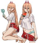  1girl absurdres aqua_panties ass bare_legs barefoot blush breasts chainsaw_man cross-shaped_pupils demon_horns dolphin_shorts eating electric_fan feet food fruit hand_fan highres holding holding_fan holding_food holding_fruit holding_watermelon horns hot legs light_brown_hair looking_at_viewer medium_breasts multiple_views navel panties power_(chainsaw_man) red_shorts sharp_teeth shiren_(ourboy83) shirt shorts simple_background stomach sweatdrop symbol-shaped_pupils teeth toenails toes tongue tongue_out underwear watermelon white_background white_shirt 