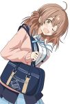  1girl ;d absurdres ahoge bag blue_overskirt blue_ribbon blue_skirt blush breasts brown_cardigan brown_hair cardigan denarero dutch_angle gakuen_idolmaster hair_bun hanami_ume hatsuboshi_gakuen_school_uniform highres idolmaster large_breasts looking_at_viewer neck_ribbon one_eye_closed pleated_skirt ribbon school_bag school_uniform shirt simple_background single_side_bun skirt smile solo white_background white_shirt 