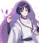 1boy cape genshin_impact hair_between_eyes japanese_clothes jewelry looking_at_viewer male_focus necklace open_mouth otakunocamp purple_cape purple_eyes purple_hair scaramouche_(genshin_impact) scaramouche_(kabukimono)_(genshin_impact) short_hair solo white_background 