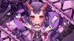  absurdres bandages black_nails bow breasts chain claw_ring cleavage crack cracked_glass cracked_phone earrings fangs gauze_on_cheek hair_ornament hand_mirror highres horns indie_virtual_youtuber jewelry makeup_brush mirror nail_polish_bottle o-ring open_mouth purple_hair purple_theme red_bow red_eyes red_horns rengoku_otone ring serurosu virtual_youtuber 
