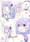  :d ^_^ ahoge azur_lane bare_shoulders blue_eyes blush breasts closed_eyes commentary dated detached_sleeves dress flying_sweatdrops gloves hair_bun hand_on_another's_head heart inori_(xyz5568) multiple_views object_hug one_side_up open_mouth petting purple_hair side_bun signature small_breasts smile strapless strapless_dress stuffed_unicorn translated unicorn_(azur_lane) wavy_mouth white_dress white_gloves years 