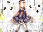  abigail_williams_(fate/grand_order) bangs black_bow black_dress black_footwear black_hat blonde_hair blue_eyes bow bug butterfly closed_mouth commentary_request dress eyebrows_visible_through_hair fate/grand_order fate_(series) forehead hair_bow hat insect juu_ame long_hair long_sleeves looking_at_viewer noose object_hug orange_bow parted_bangs polka_dot polka_dot_bow rope shoes sitting sleeves_past_wrists solo stuffed_animal stuffed_toy teddy_bear very_long_hair white_bow 