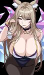  1girl ahri_(league_of_legends) animal_ears bare_shoulders black_background black_pantyhose blonde_hair blue_leotard breasts cleavage collarbone commentary_request covered_navel hand_in_own_hair hella_p highres k/da_(league_of_legends) k/da_ahri korean_commentary large_breasts league_of_legends leotard official_alternate_costume orange_eyes pantyhose parted_lips simple_background smile solo tagme 