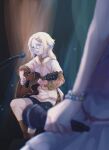  2girls acoustic_guitar black_shorts blonde_hair blue_hair blurry blurry_foreground brown_shirt collared_shirt colorfulness_(love_live!) fujishima_megumi glasses gradient_hair guitar hair_ornament happy_shijo_shugi!_(love_live!) highres holding holding_microphone hood hood_down hoodie instrument l9525 layered_sleeves light_blue_hair link!_like!_love_live! long_hair long_sleeves love_live! microphone microphone_stand multicolored_hair multiple_girls open_mouth osawa_rurino out_of_frame parted_bangs plaid plaid_shirt playing_guitar semi-rimless_eyewear shirt short_over_long_sleeves short_sleeves shorts sitting solo_focus spotlight under-rim_eyewear virtual_youtuber white_hoodie x_hair_ornament 