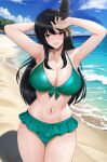  1girl alternate_costume arm_behind_head arms_up ass_visible_through_thighs beach bikini black_hair blue_sky breasts brown_eyes cowboy_shot day frilled_bikini frills front-tie_bikini_top front-tie_top fusou_(kancolle) green_bikini hair_ornament highres huge_breasts kanoson kantai_collection long_hair navel open_mouth outdoors sidelocks sky solo standing swimsuit very_long_hair 