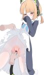  1girl absurdres animal_ears apron bar_censor blonde_hair blue_archive blue_bow blush bow cat_ears cat_tail censored clothes_lift covering_face crying dress fake_animal_ears fake_tail fingering frilled_dress frills hair_bow half-closed_eyes headphones highres long_sleeves maid maid_headdress masturbation medium_hair midori_(blue_archive) midori_(maid)_(blue_archive) official_alternate_costume pantyhose pulling_another&#039;s_clothes pussy pussy_juice simple_background spiral_(udon) standing tail torn_clothes torn_pantyhose white_apron white_background white_pantyhose 