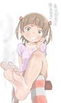  1girl barefoot blush brown_eyes brown_hair feet grin hair_ribbon legs_crossed looking_at_viewer marui_mitsuba mitsudomoe pov pov_feet short_twintails single_sock sitting socks_removed soles steam striped_legwear toes translated 