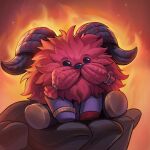  1boy body_fur braid braided_beard chibi english_commentary facial_hair fire furry furry_male holding holding_stuffed_toy horns league_of_legends looking_ahead male_focus mustache official_art ornn out_of_frame second-party_source sitting solo stuffed_toy 