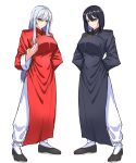  black_dress black_hair china_dress chinese_clothes dress fighting_stance highres kung_fu martial_arts monk original red_dress red_eyes shaolin_monk sketch training 